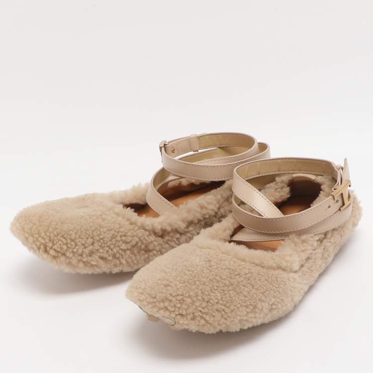 Pre Owned Tod's Bubble Size 38 Beige Shearling Fur Ballet Flats