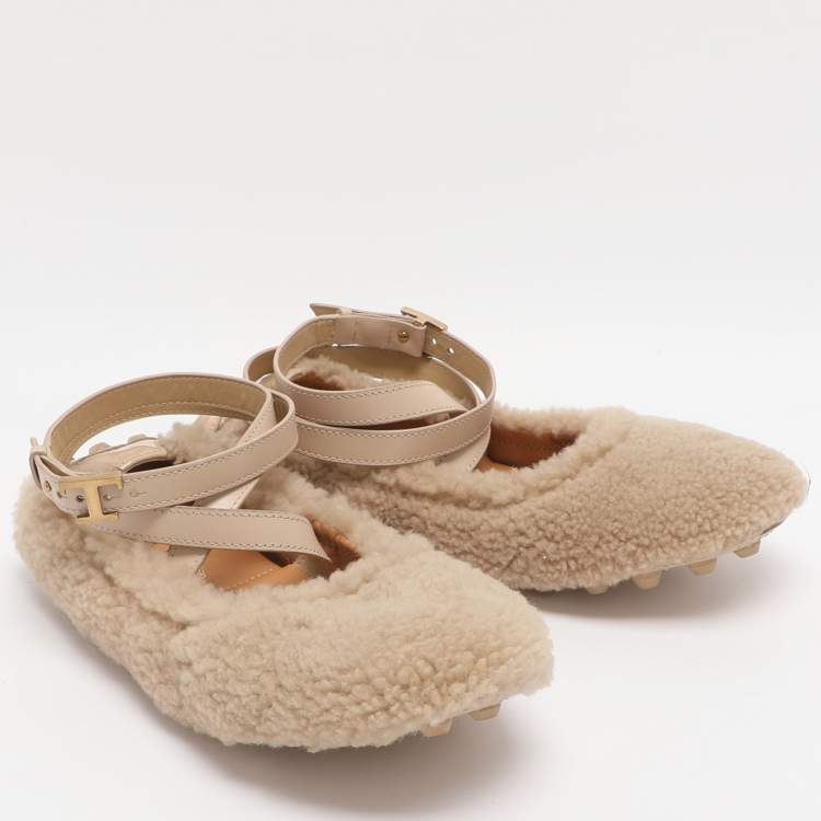 Pre Owned Tod's Bubble Size 38 Beige Shearling Fur Ballet Flats