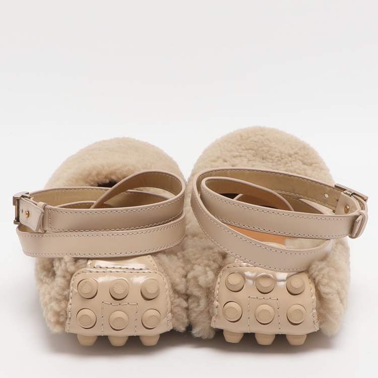 Pre Owned Tod's Bubble Size 38 Beige Shearling Fur Ballet Flats