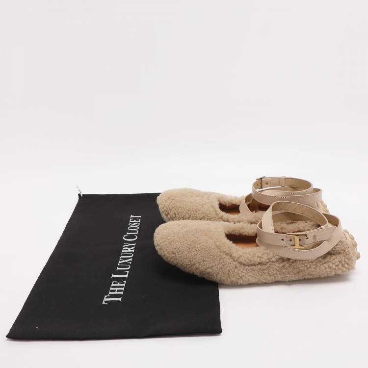Pre Owned Tod's Bubble Size 38 Beige Shearling Fur Ballet Flats