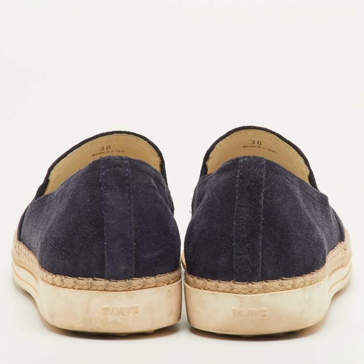 Pre Owned Tod's Size 38 Navy Blue Suede Espadrille Slip On Sneakers