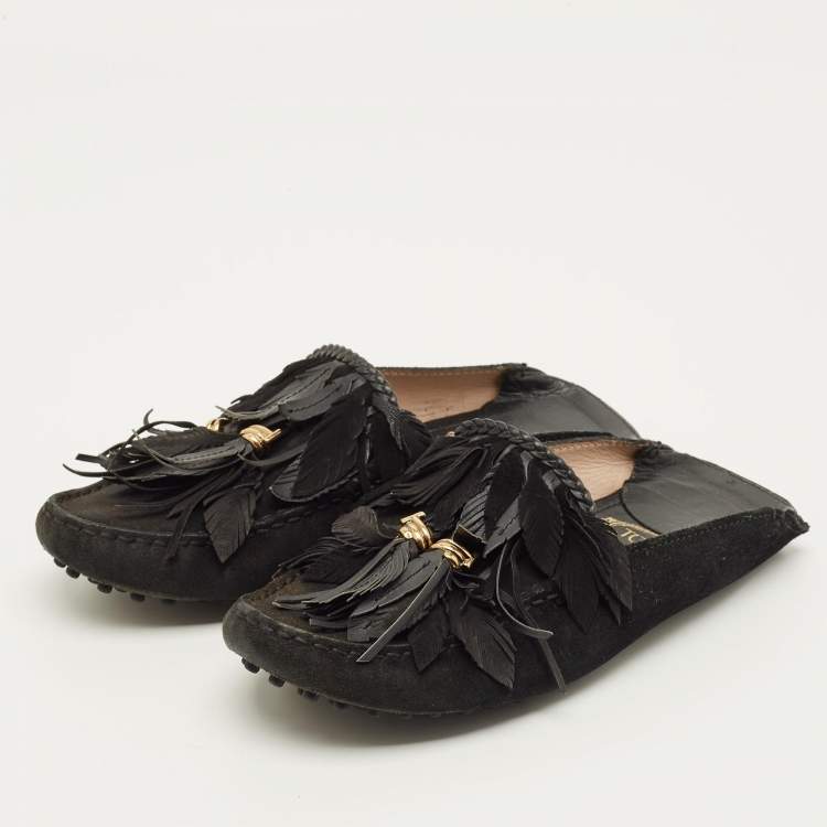 Pre Owned Tod's Size 38 Black Suede Tassel Fringe  Mules