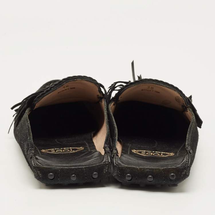 Pre Owned Tod's Size 38 Black Suede Tassel Fringe  Mules