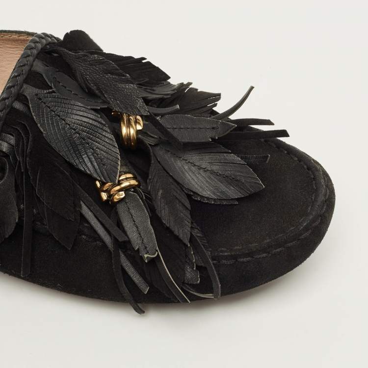 Pre Owned Tod's Size 38 Black Suede Tassel Fringe  Mules