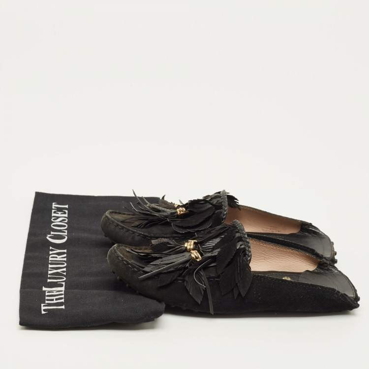 Pre Owned Tod's Size 38 Black Suede Tassel Fringe  Mules