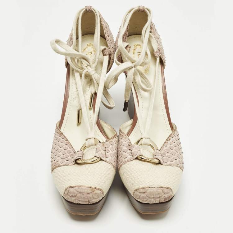 Pre Owned Tod's Size 39.5 Grey Canvas and Python Leather Wedge Pumps