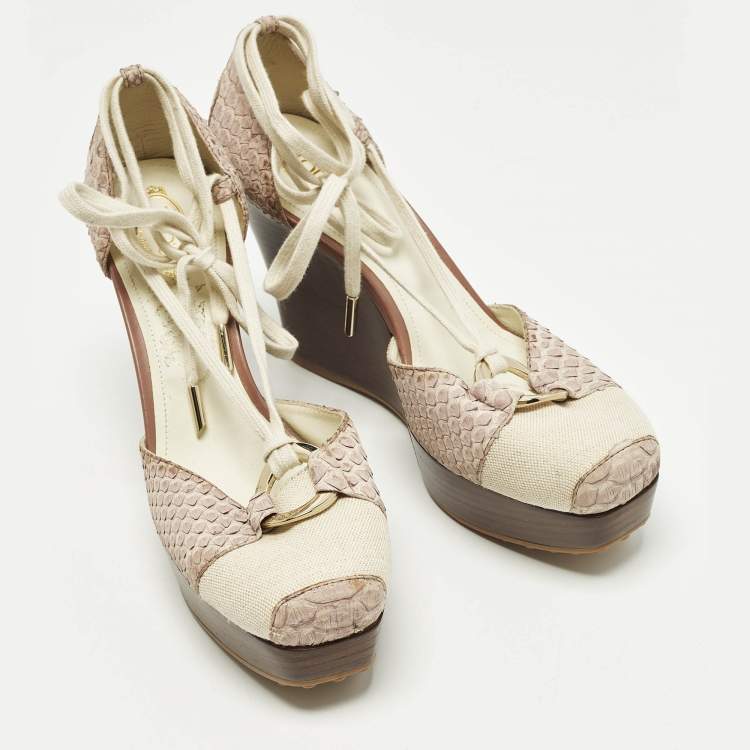 Pre Owned Tod's Size 39.5 Grey Canvas and Python Leather Wedge Pumps