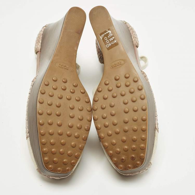 Pre Owned Tod's Size 39.5 Grey Canvas and Python Leather Wedge Pumps