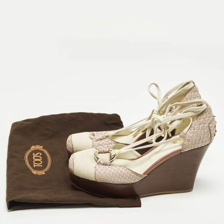 Pre Owned Tod's Size 39.5 Grey Canvas and Python Leather Wedge Pumps