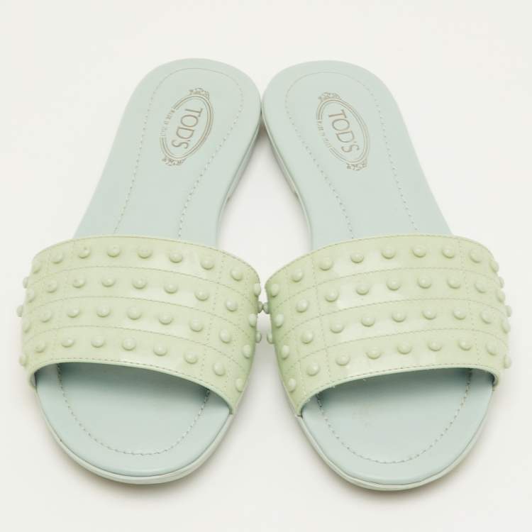 Pre Owned Tod's Size 37 Mint Green Patent Leather Studded Flat Sandals