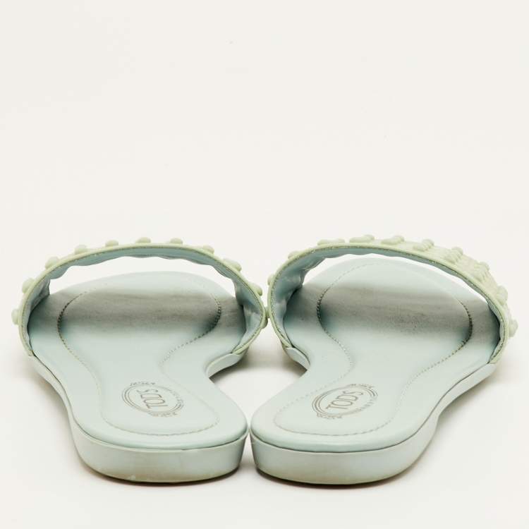 Pre Owned Tod's Size 37 Mint Green Patent Leather Studded Flat Sandals