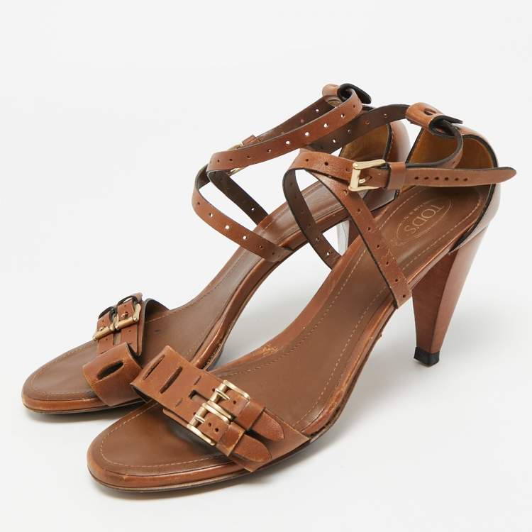Pre Owned Tod's Buckle Detail Size 41 Brown Leather Ankle Strap Sandals