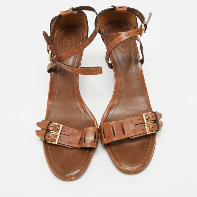 Pre Owned Tod's Buckle Detail Size 41 Brown Leather Ankle Strap Sandals