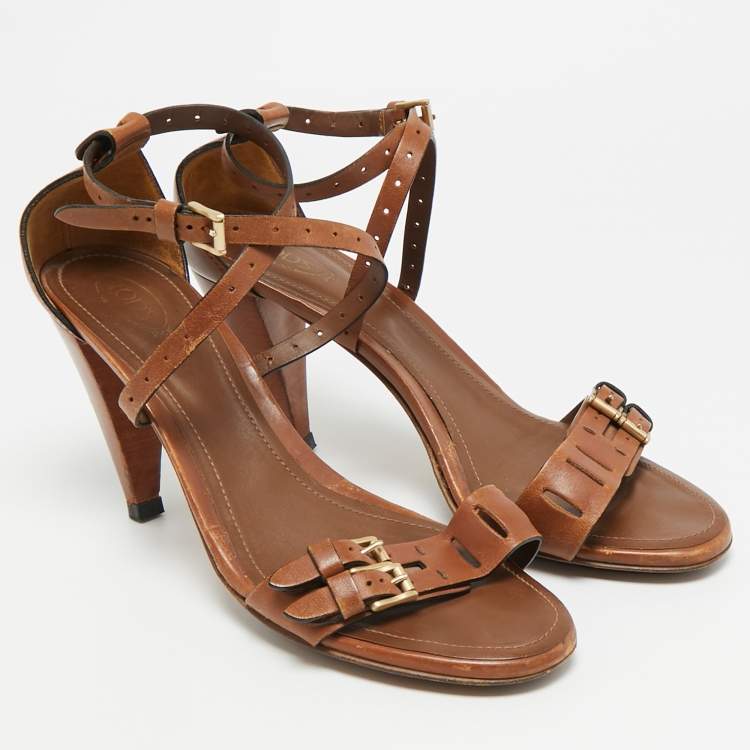 Pre Owned Tod's Buckle Detail Size 41 Brown Leather Ankle Strap Sandals