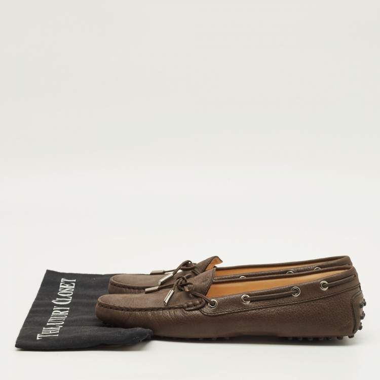 Pre Owned Tod's Bow Size 41 Dark Brown Leather Slip On Loafers