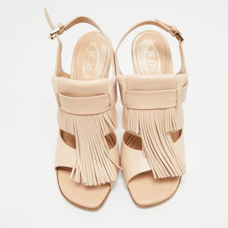 Pre Owned Tod's Fringe Detail Size 37 Pink Leather Slingback Sandals