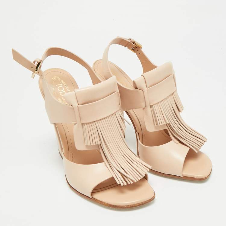 Pre Owned Tod's Fringe Detail Size 37 Pink Leather Slingback Sandals