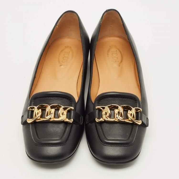 Pre Owned Tod's Size 36 Black Leather Chain Detail Ballet Flats