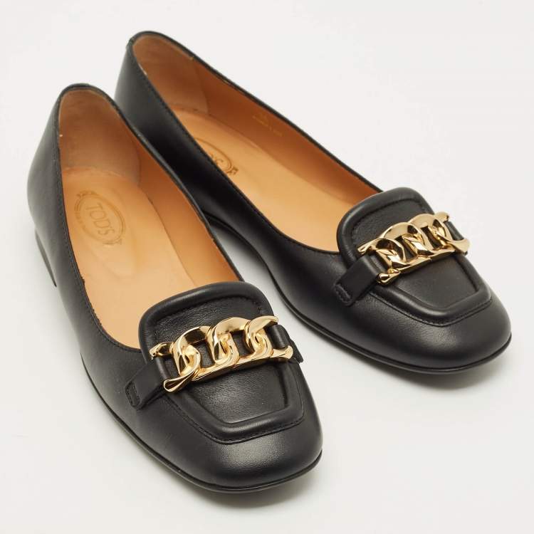 Pre Owned Tod's Size 36 Black Leather Chain Detail Ballet Flats