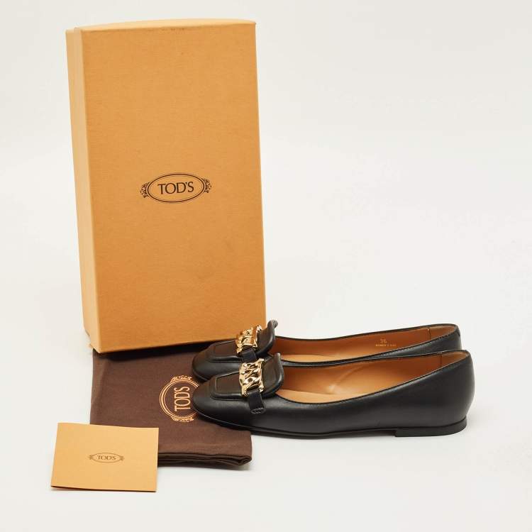Pre Owned Tod's Size 36 Black Leather Chain Detail Ballet Flats