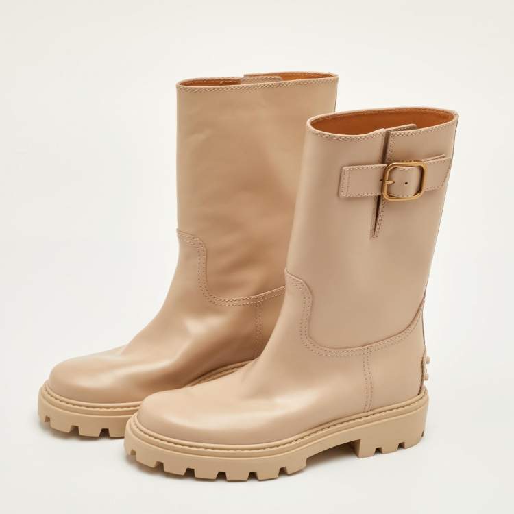 Pre Owned Tod's Size 36.5 Beige Smooth Leather Buckle Detail Mid Calf Boots