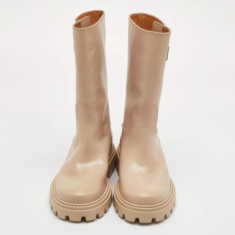 Pre Owned Tod's Size 36.5 Beige Smooth Leather Buckle Detail Mid Calf Boots
