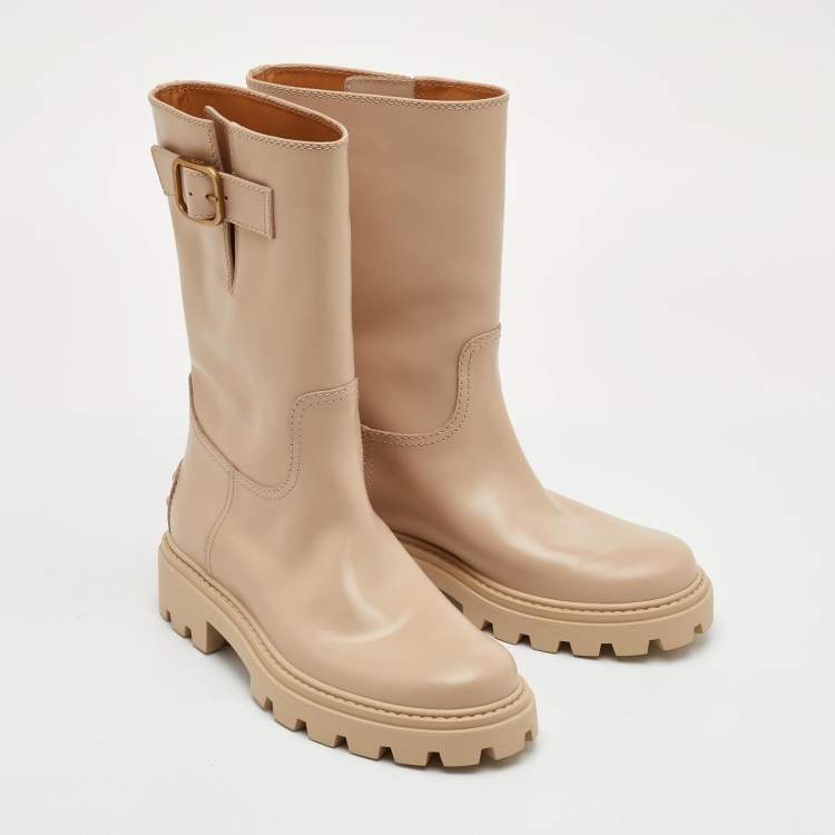 Pre Owned Tod's Size 36.5 Beige Smooth Leather Buckle Detail Mid Calf Boots