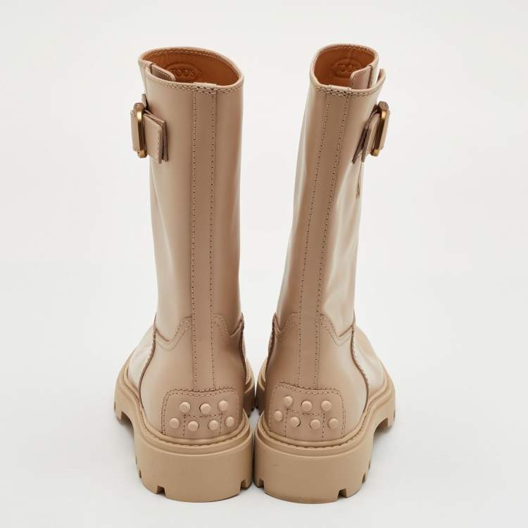 Pre Owned Tod's Size 36.5 Beige Smooth Leather Buckle Detail Mid Calf Boots