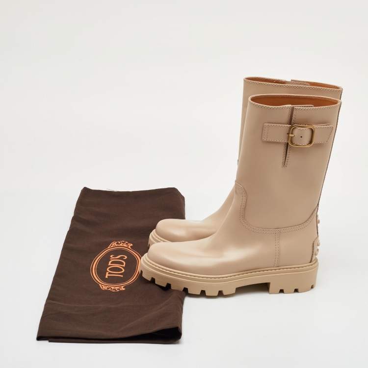 Pre Owned Tod's Size 36.5 Beige Smooth Leather Buckle Detail Mid Calf Boots