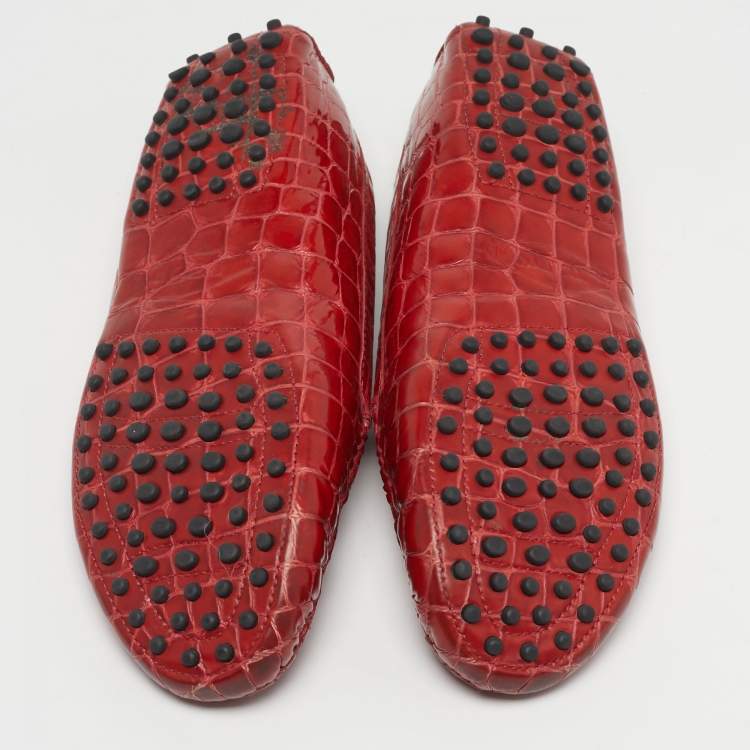 Pre Owned Tod's Size 39.5 Red Croc Embossed Patent Leather Penny Loafers
