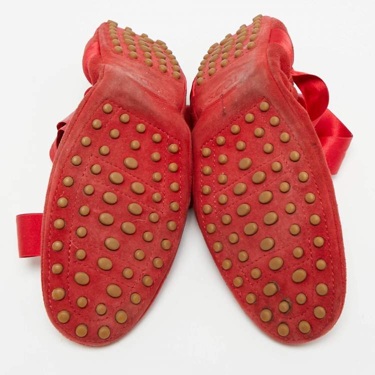 Pre Owned Tod's Cherry Size 38.5 Red Suede Ankle Wrap Scrunch Ballet Flats