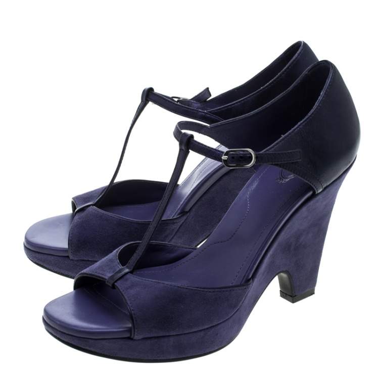 Pre Owned Tod's Blue Suede T-Strap Platform Wedge Sandals Size 38