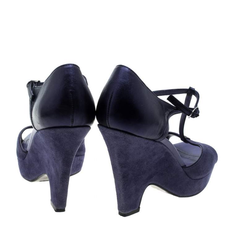 Pre Owned Tod's Blue Suede T-Strap Platform Wedge Sandals Size 38