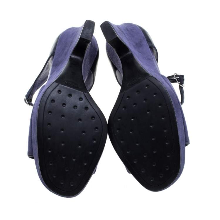 Pre Owned Tod's Blue Suede T-Strap Platform Wedge Sandals Size 38