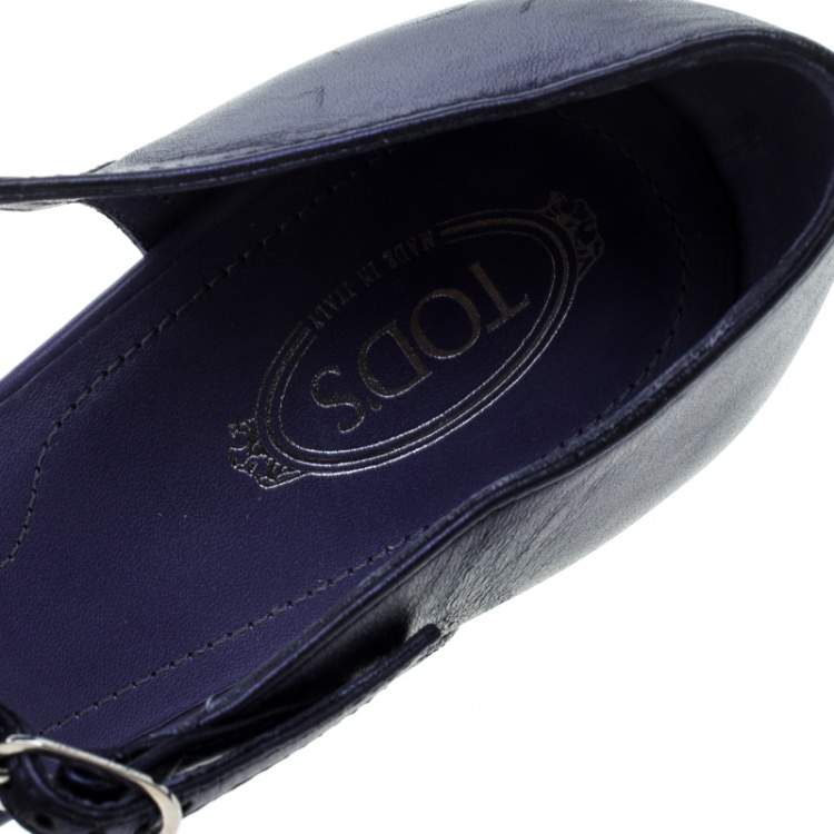 Pre Owned Tod's Blue Suede T-Strap Platform Wedge Sandals Size 38
