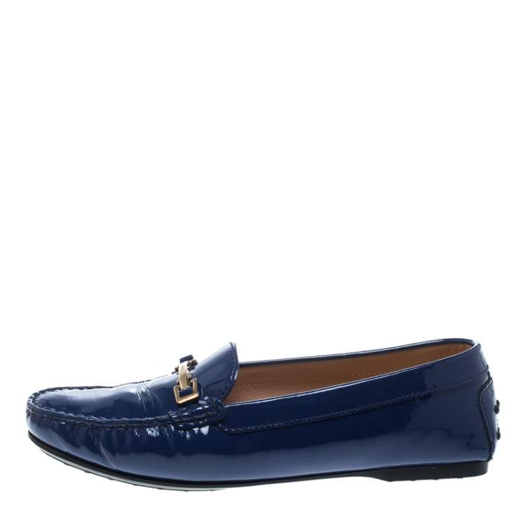 Pre Owned Tod's Blue Patent Leather Horsebit Loafers Size 38.5