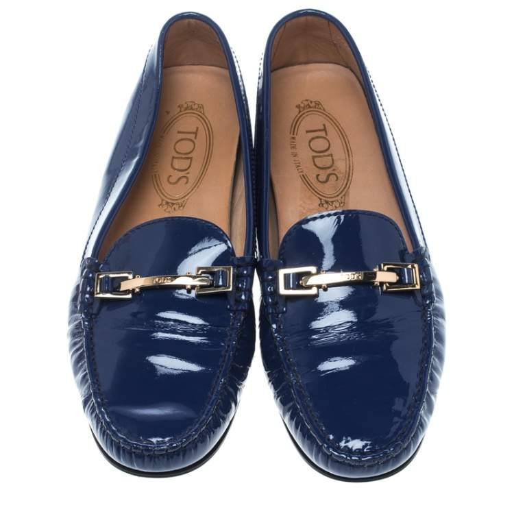 Pre Owned Tod's Blue Patent Leather Horsebit Loafers Size 38.5