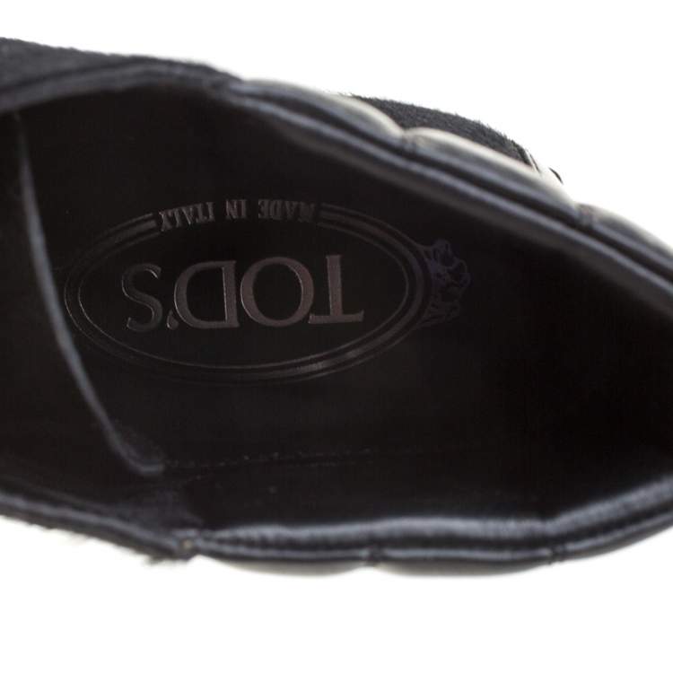 Pre Owned Tod's Black Calf Hair And Leather Trim Lace Up Ankle Boots Size 37.5