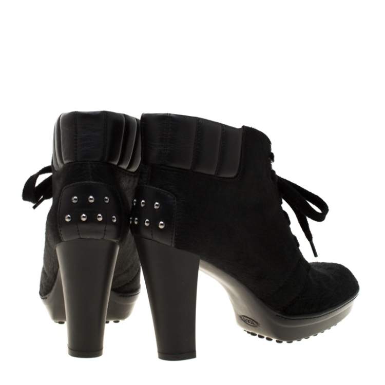 Pre Owned Tod's Black Calf Hair And Leather Trim Lace Up Ankle Boots Size 37.5