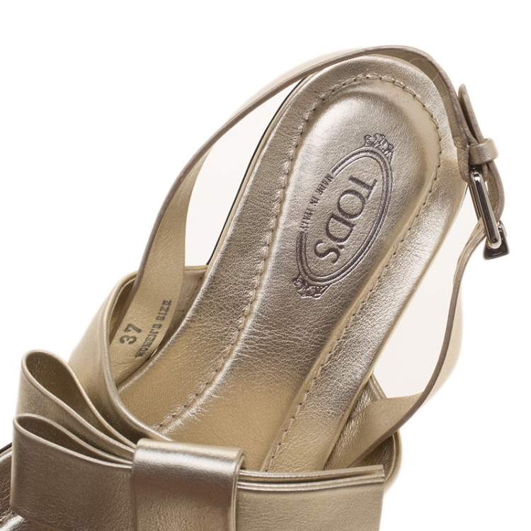 Pre Owned Tod's Metallic Gold Leather Bow Detail Flat Thong Sandals Size 37.5