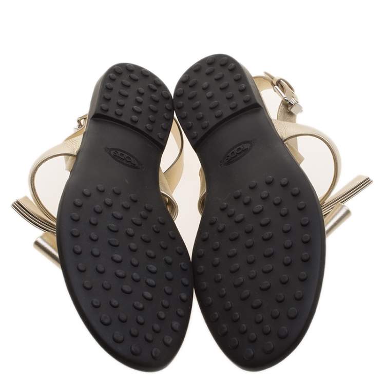 Pre Owned Tod's Metallic Gold Leather Bow Detail Flat Thong Sandals Size 37.5