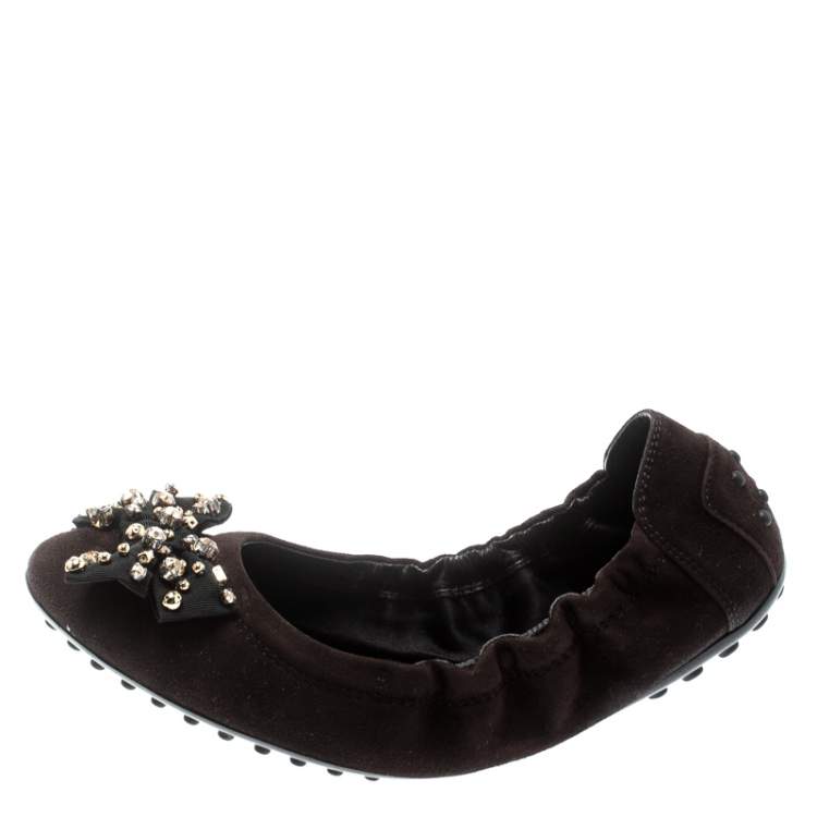 Pre Owned Tod's Brown Suede Studded Bow Ballet Flats Size 37 