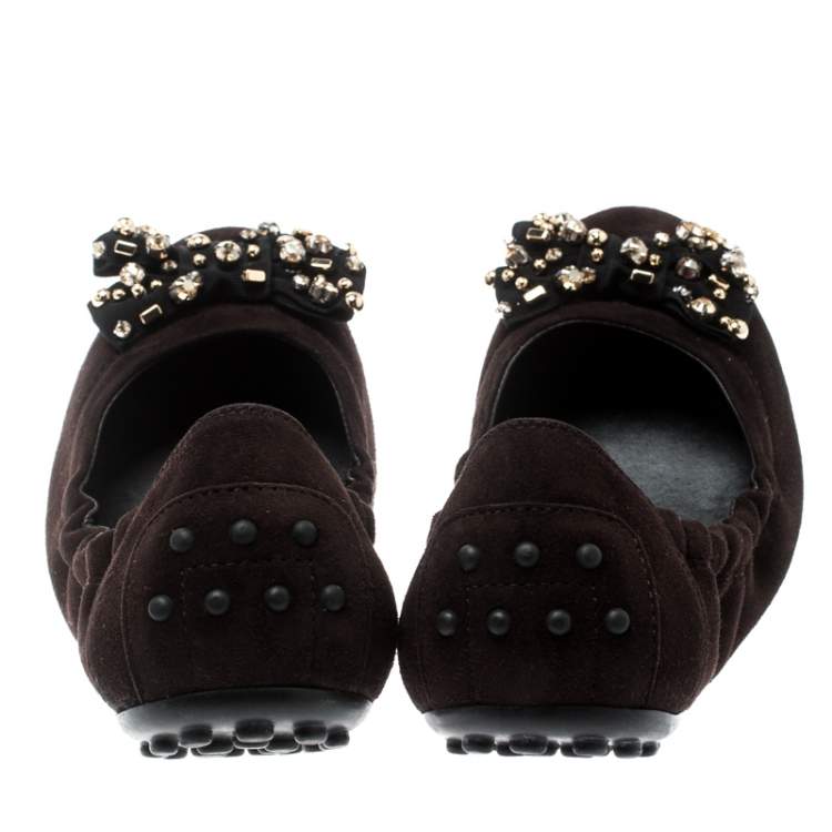 Pre Owned Tod's Brown Suede Studded Bow Ballet Flats Size 37 