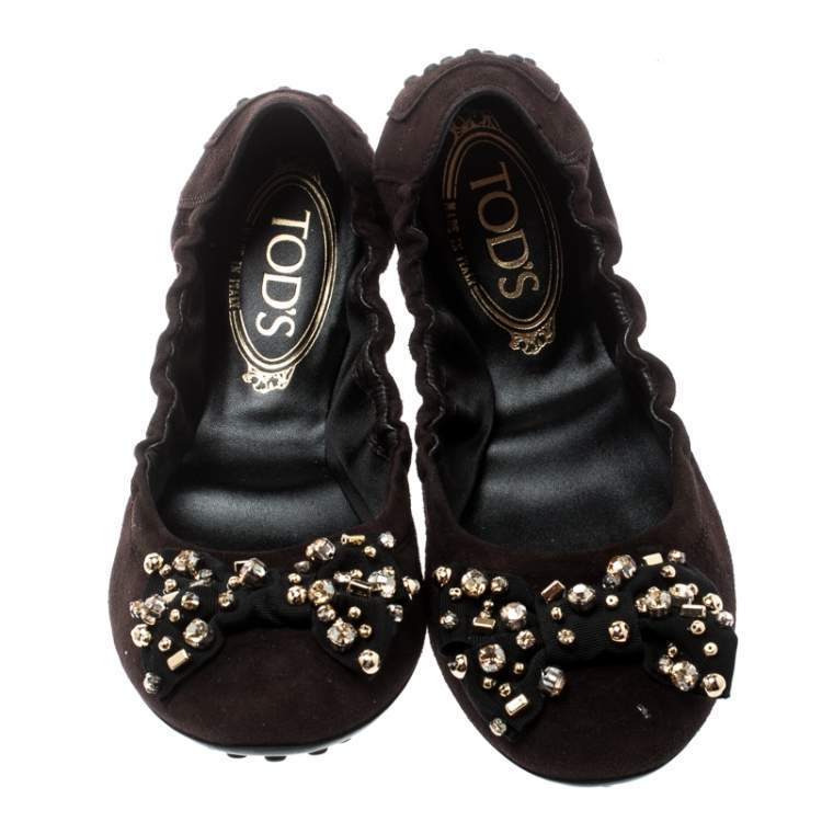 Pre Owned Tod's Brown Suede Studded Bow Ballet Flats Size 37 