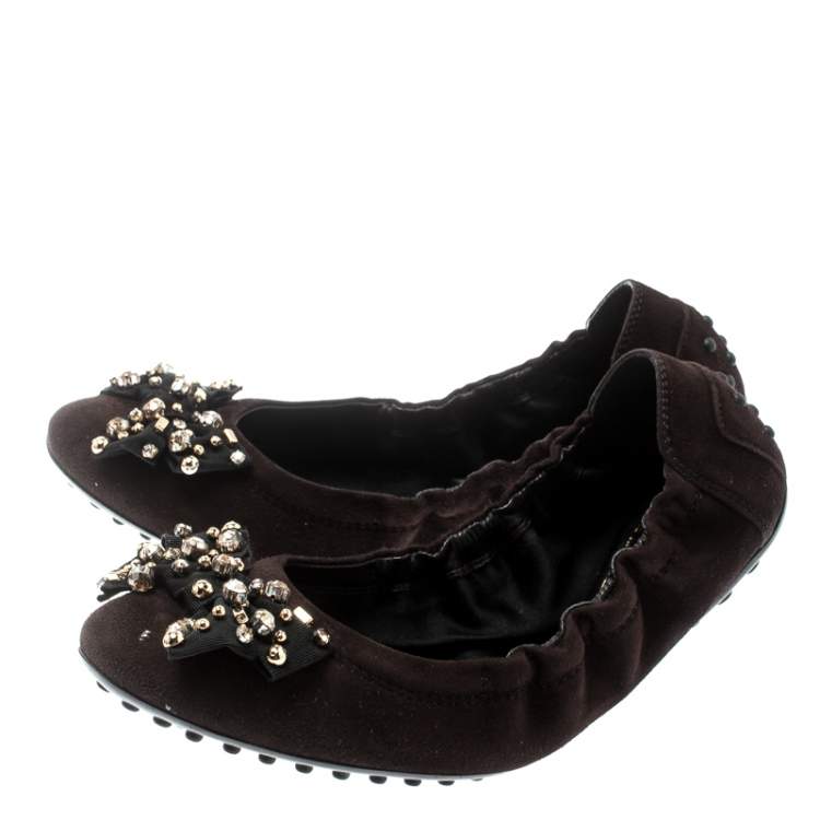 Pre Owned Tod's Brown Suede Studded Bow Ballet Flats Size 37 