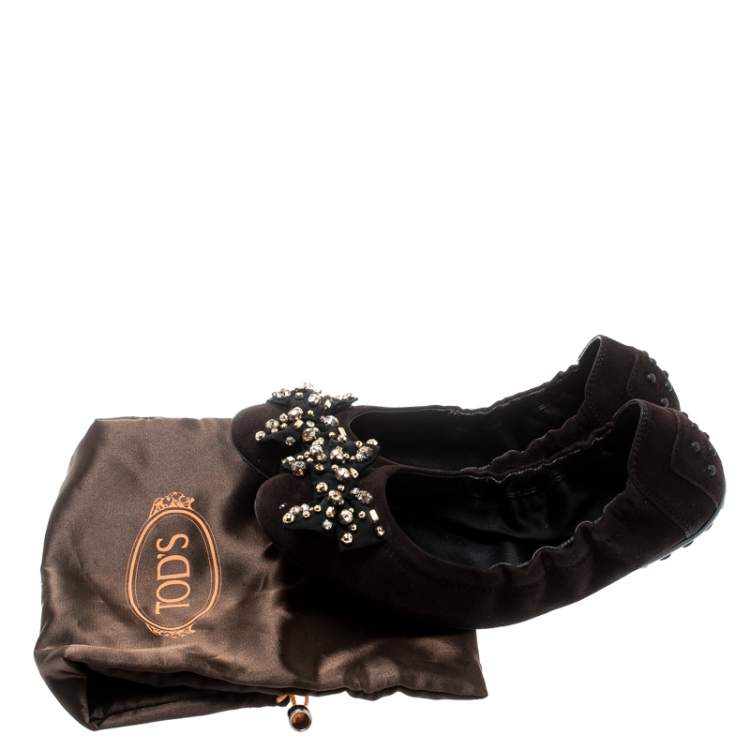Pre Owned Tod's Brown Suede Studded Bow Ballet Flats Size 37 