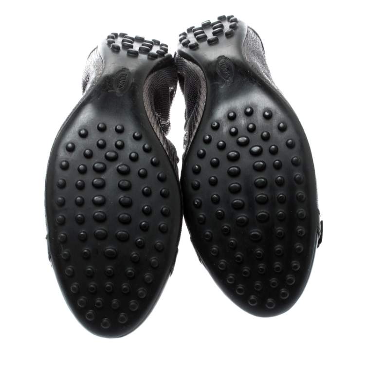 Pre Owned Tod's Metallic Grey Suede And Black Leather Cap Toe Buckle Detail Scrunch Ballet Flats Size 37