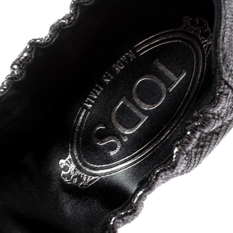 Pre Owned Tod's Metallic Grey Suede And Black Leather Cap Toe Buckle Detail Scrunch Ballet Flats Size 37