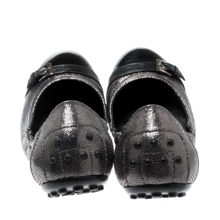 Pre Owned Tod's Metallic Grey Suede And Black Leather Cap Toe Buckle Detail Scrunch Ballet Flats Size 37