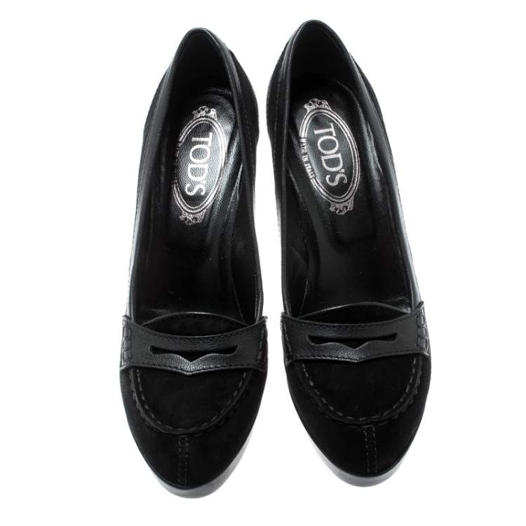 Pre Owned Tod's Black Suede And Leather Penny Platform Loafers Pumps Size 38